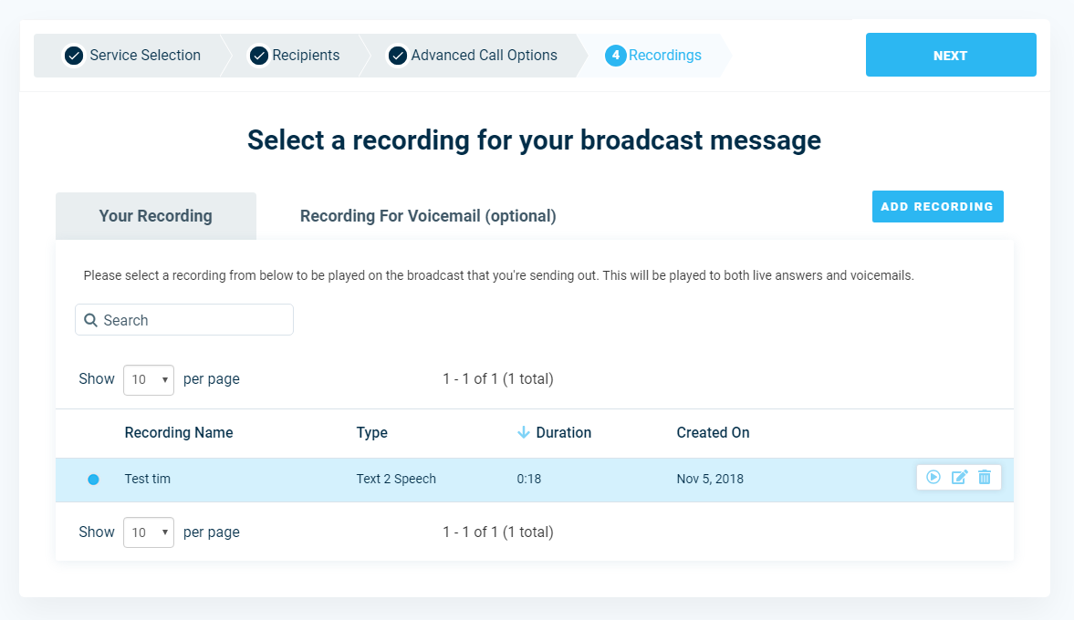 Select Recording - DialMyCalls Version 3.0